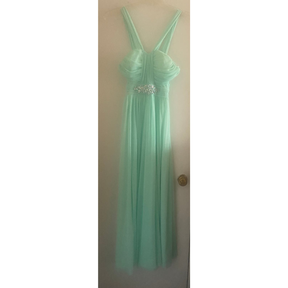 Mint green Grecian gown with gem detailing at waist